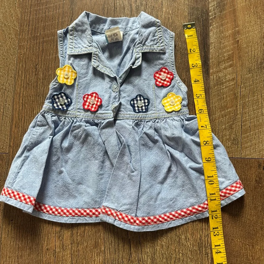 Baby vintage Casual Dress 6-9 Months Blue with Gingham Flowers